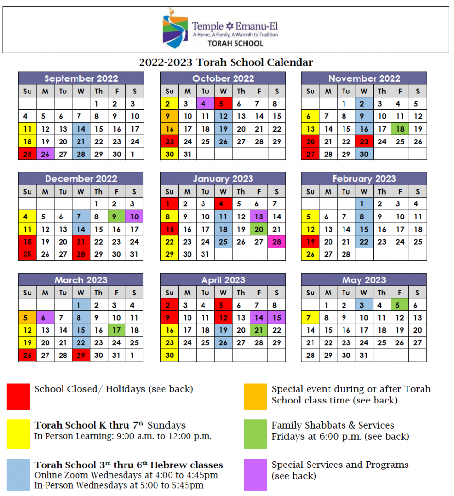 Image of Torah School calendar for 2022 - 2023